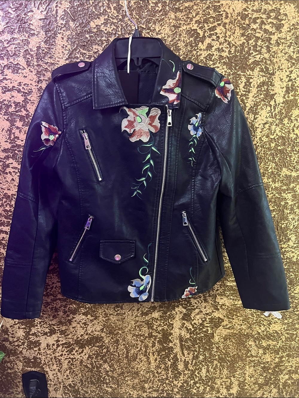 Faux leather black embroidered flower jacket